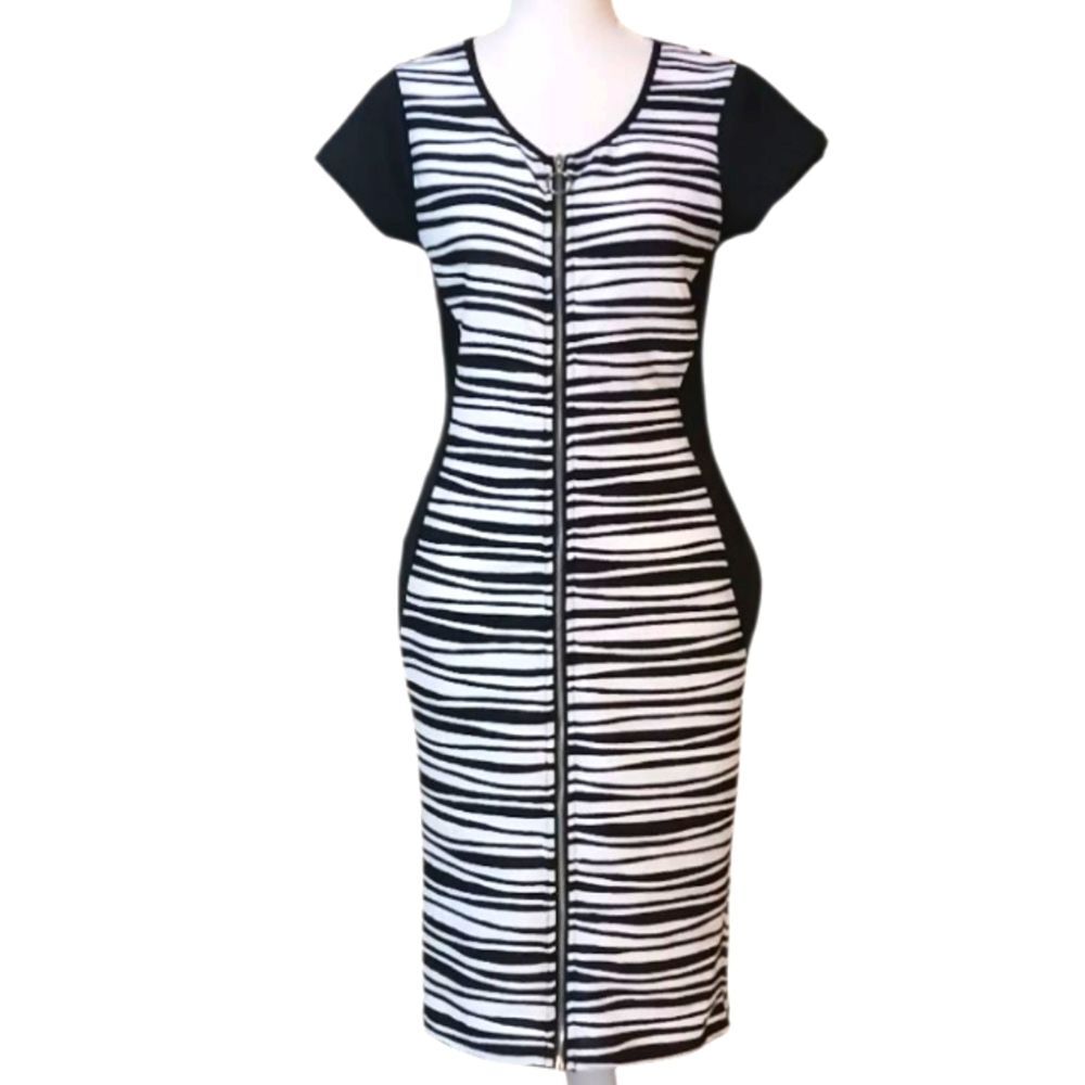 Women's Bodycon Below Knee Dress Short Sleeves w/Pockets Black & White Size L
